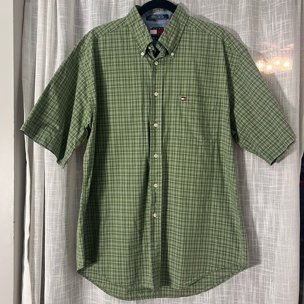 90s VINTAGE Tommy Hilfiger Green Gingham Button Up Cotton Short Sleeve Size L
